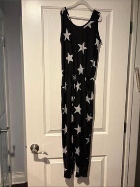 Girls' Black Star-Print Sleeveless Jumpsuit with Drawstring
